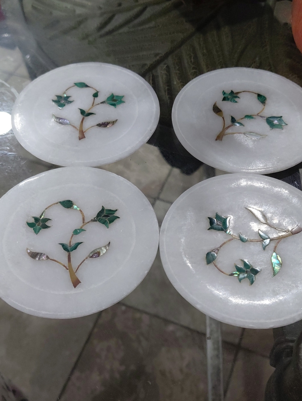 White Marble Coasters with Inlaid Green Leaf Design - Set of 4